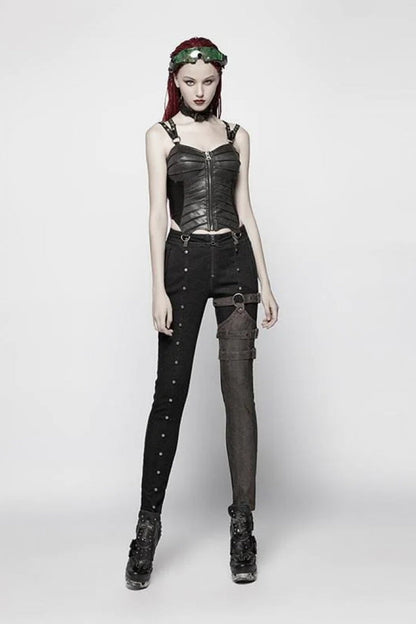 Steampunk Women's Short Corset with Faux Leather Strap Back Print and Lace-Up