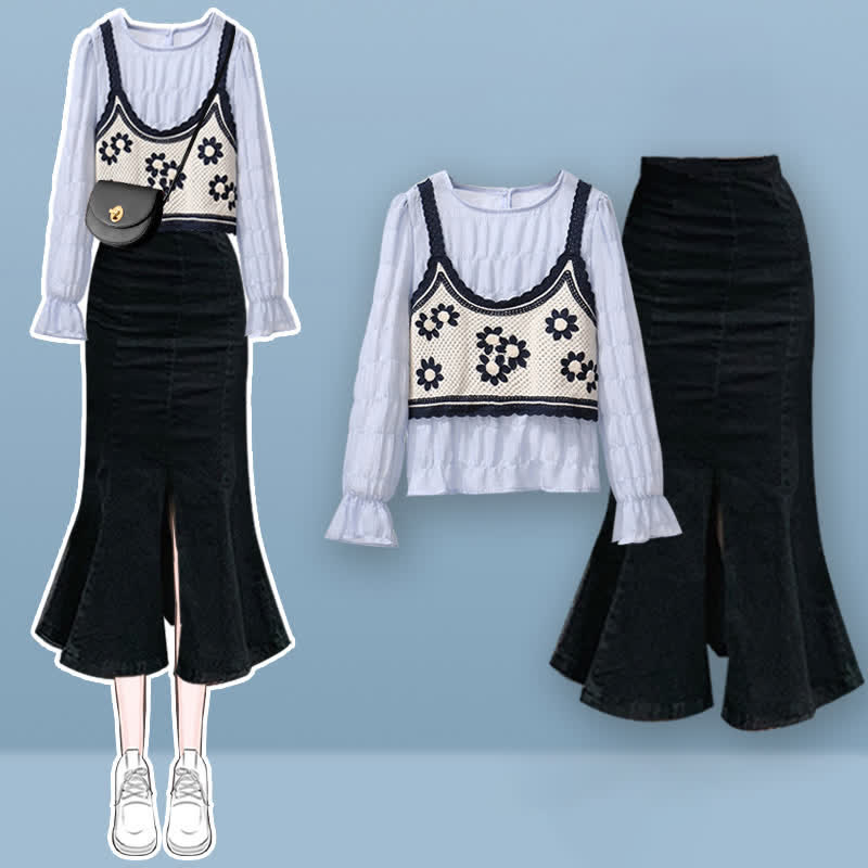 Vest Denim High Flower Skirt Shirt Waist Embroidery Set