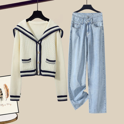 Set Sailor Collar Sweater Casual Cable Skirt Pleated Pants