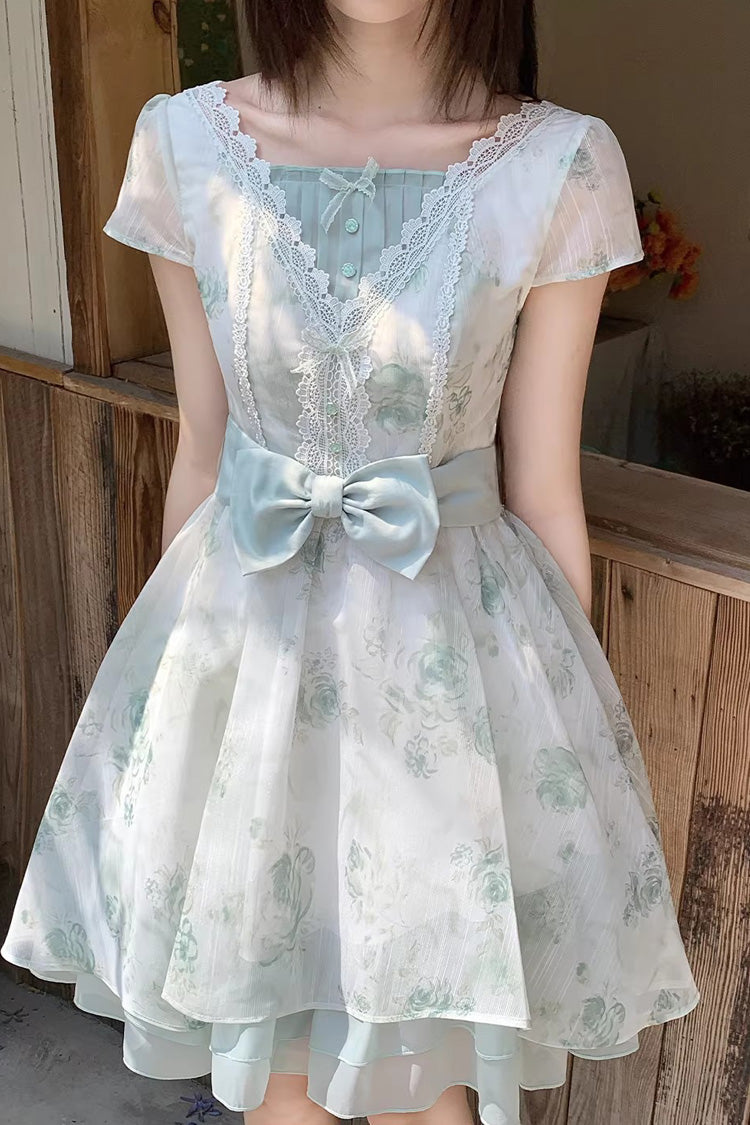 Green Floral Print Short Sleeve Bow Lace Sweet Princess Lolita Dress