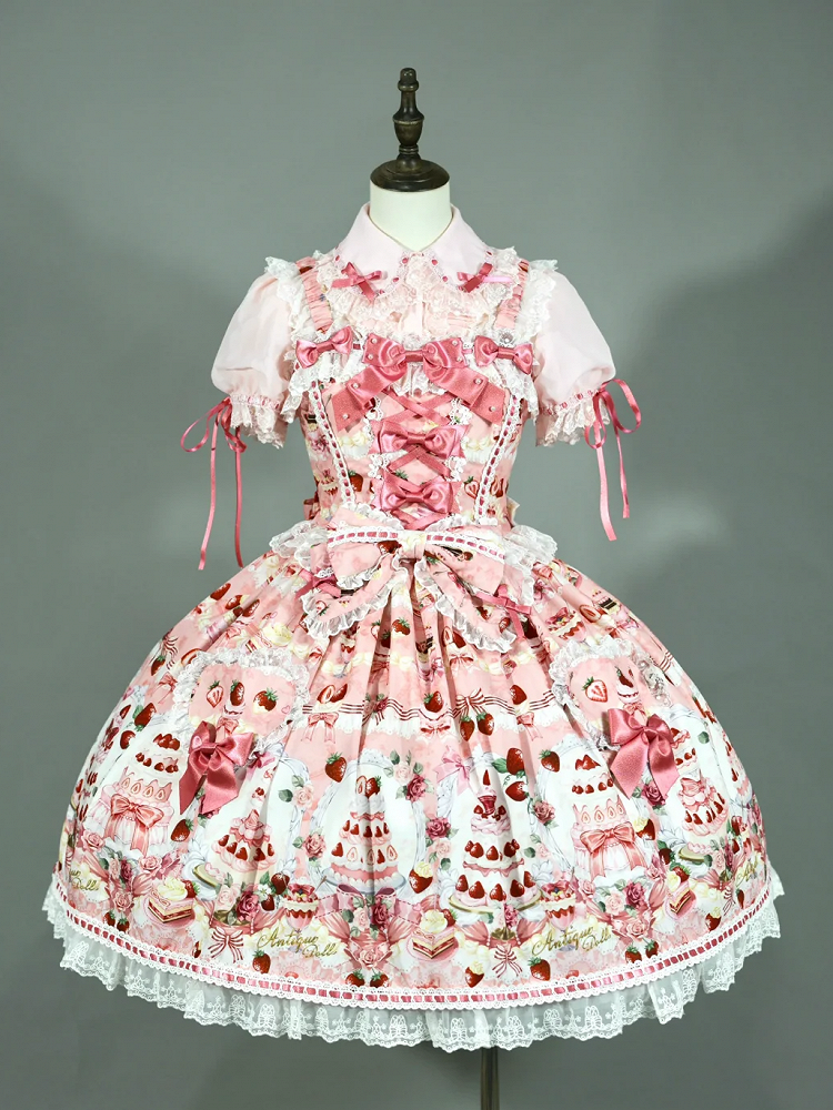 Strawberry and Desserts Print Pink Sweet Bow Accents Lolita JSK / Full Set