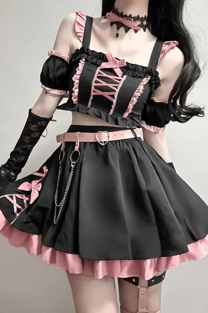 Black and Pink Tie-Bow Gothic Sweet Lolita Strapless Skirt Set