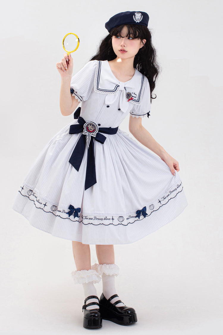 Ivory Navy Stripe Ruffled Embroidered Sweet Lolita Dress