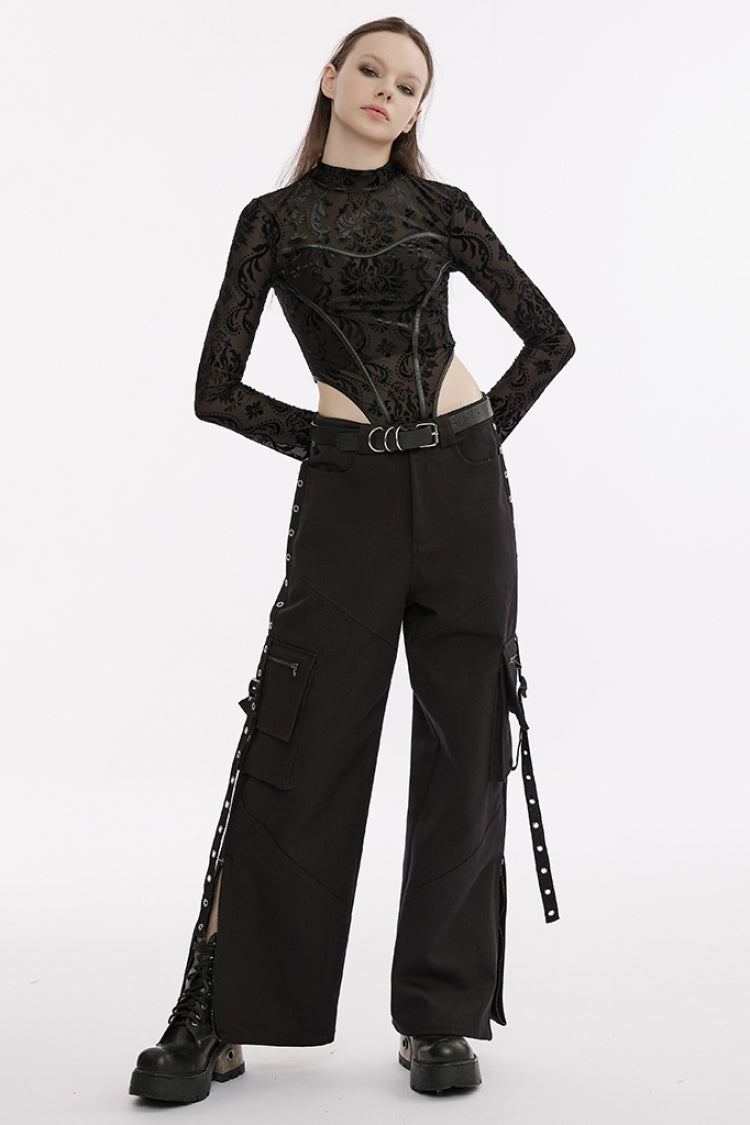 Punk Women's Long-Sleeve Round-Neck Faux Leather Panel Print Bodysuit