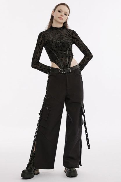 Punk Women's Long-Sleeve Round-Neck Faux Leather Panel Print Bodysuit