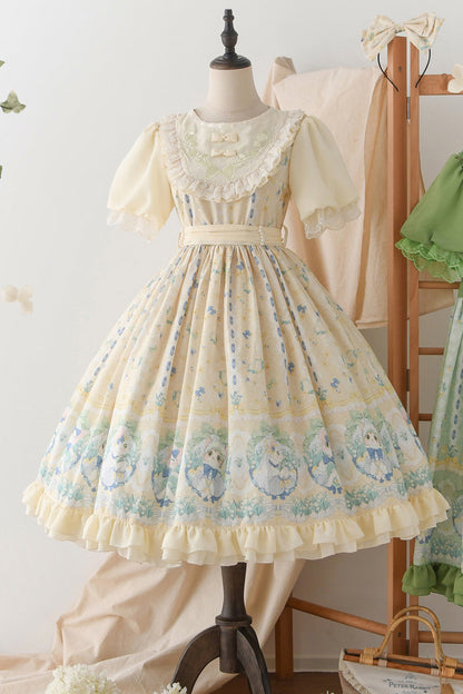 Lily of the Valley Cat Print Ruffle Embroidered Bowknot Sweet Lolita Dress in Beige