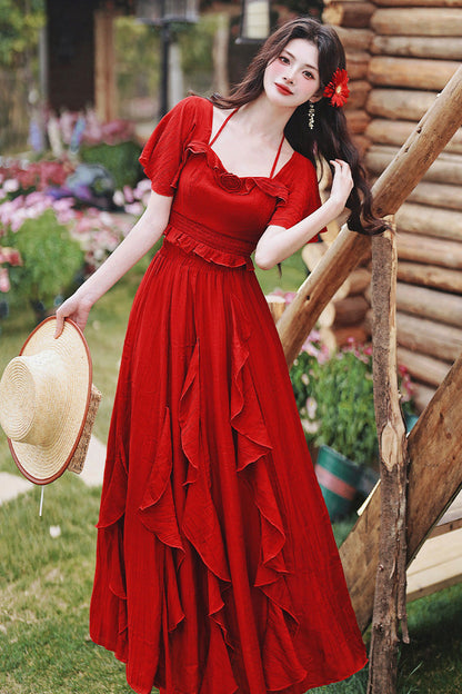 Red Square Collar Halter Short Sleeves High Waist Ruffle Gothic Vintage Lolita Long Skirt Set