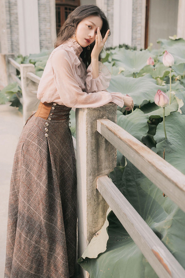 Pink Brown Stand Collar Long Lantern Sleeves Lace-Up Vintage Lolita Skirt Set