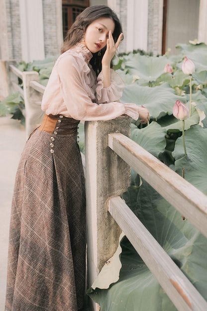 Pink Brown Stand Collar Long Lantern Sleeves Lace-Up Vintage Lolita Skirt Set