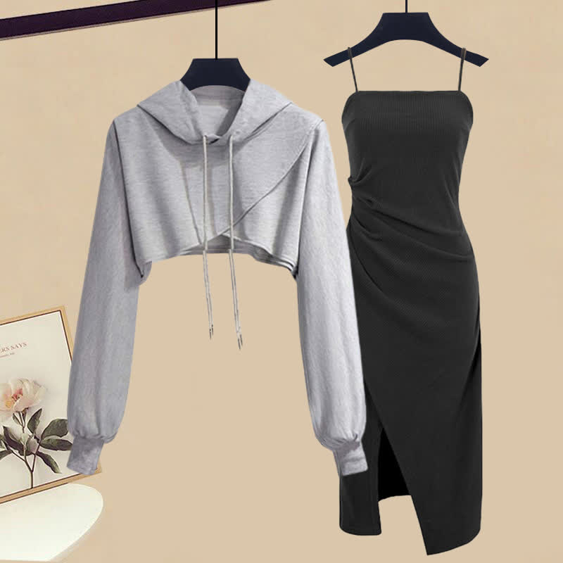 Hoodie Slip Split Ruffled Dress Short Cross