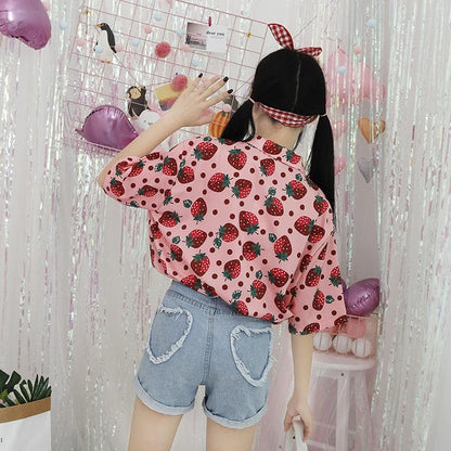 SpreePicky Rosa Kawaii Erdbeerbluse S12690