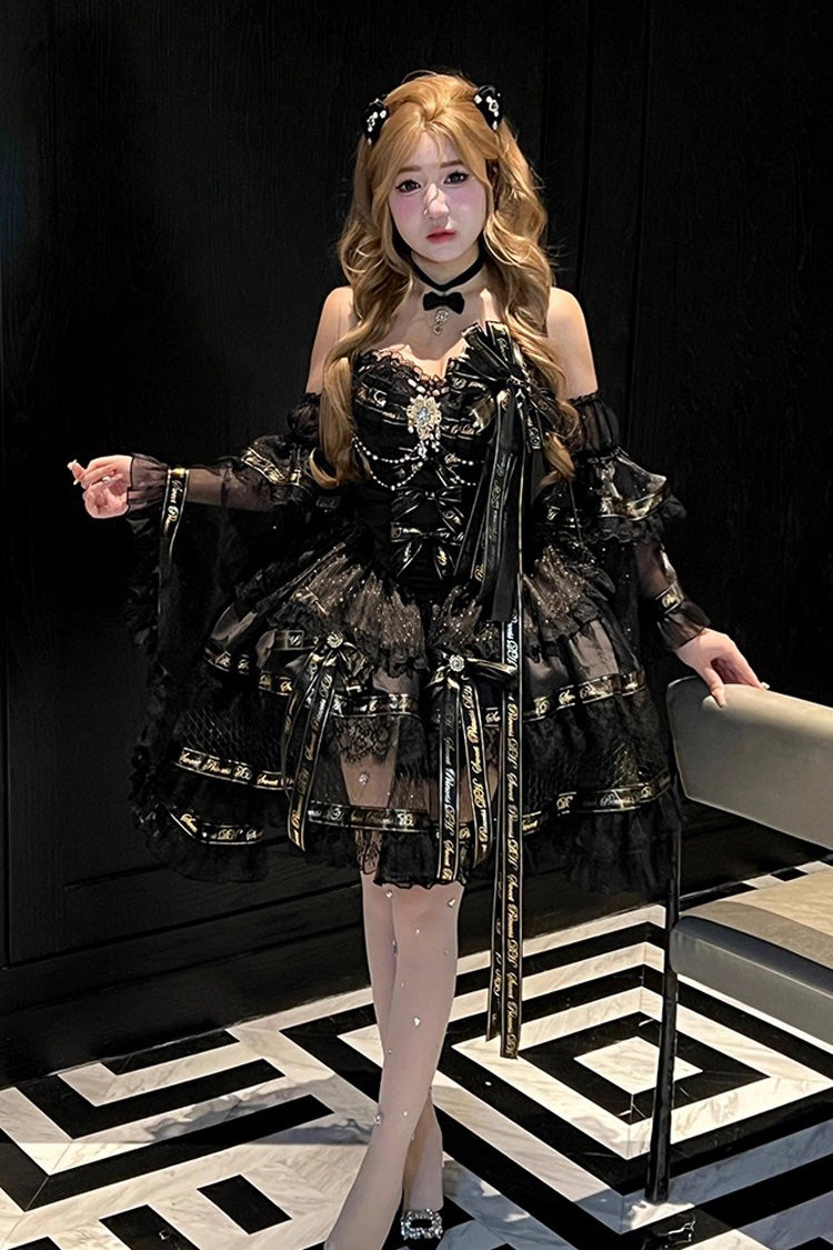 Sleeveless Gothic Princess Dress with Double Ruffled Bow and Pearls - Golden Obsidian Night