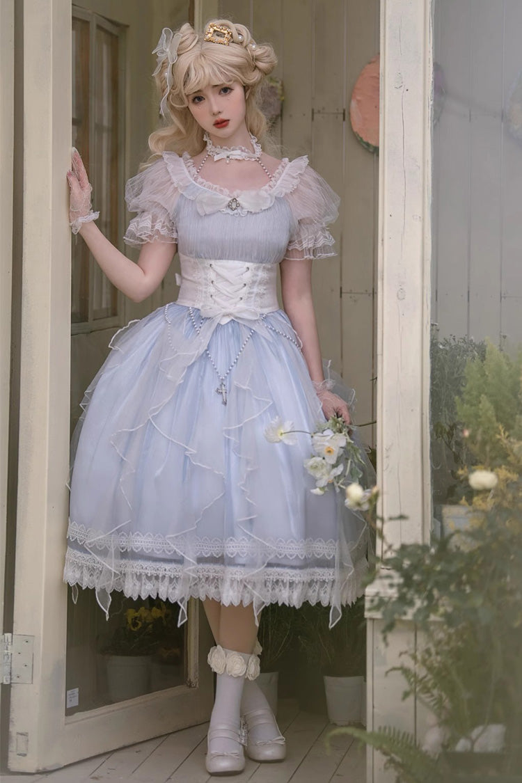 Blue Round-Collar Mermaid Tears Short-Sleeved Bow-Trim Sweet Princess Lolita Dress