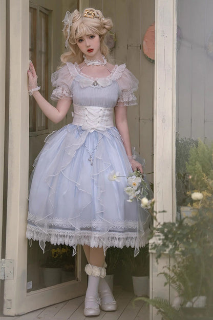Blue Round-Collar Mermaid Tears Short-Sleeved Bow-Trim Sweet Princess Lolita Dress