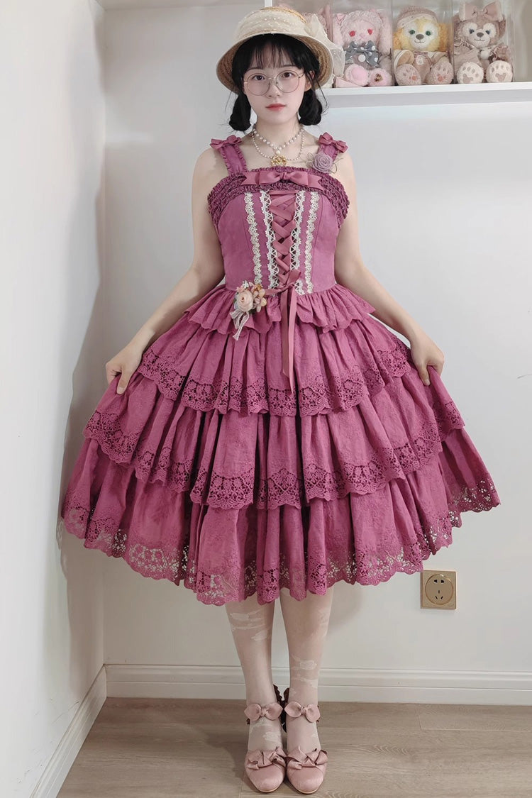 Sweet Elegant Lolita Suspender Top with Embroidery Bowknot and Lace-Up