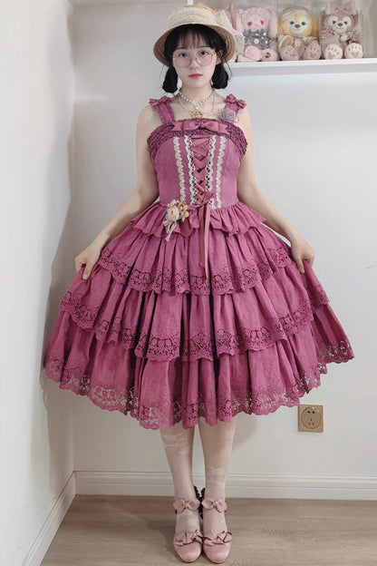 Sweet Elegant Lolita Suspender Top with Embroidery Bowknot and Lace-Up