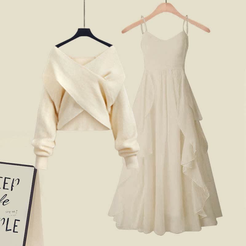 Two Pieces A-line Flouncing Knit Slip Dress Cross Sweater