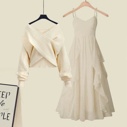 Two Pieces A-line Flouncing Knit Slip Dress Cross Sweater