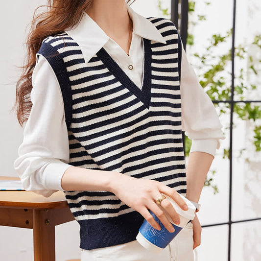 Stripe Fake Two Pieces Knit White Lapel Shirt