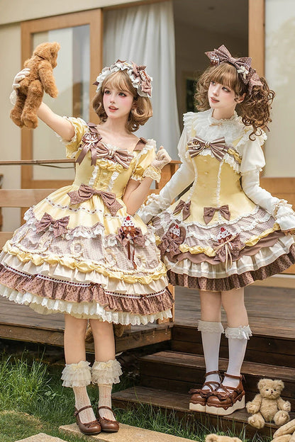 Polka Dot Cake Layered Print Ruffled Bow Sweet Lolita OP in Yellow Brown
