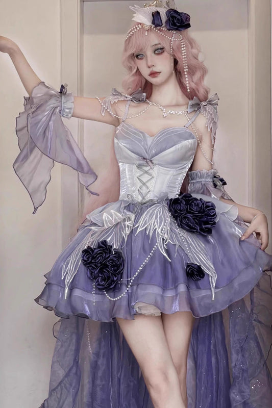 Misty Purple Sweet Ballet Lolita Swan Wonderland Embroidery Lace-Up Mini JSK Dress