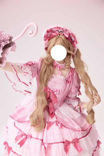 Rose Velvet Cake Long Trumpet Sleeves Multi Ruffle Bow Lace Sweet Lolita Dress