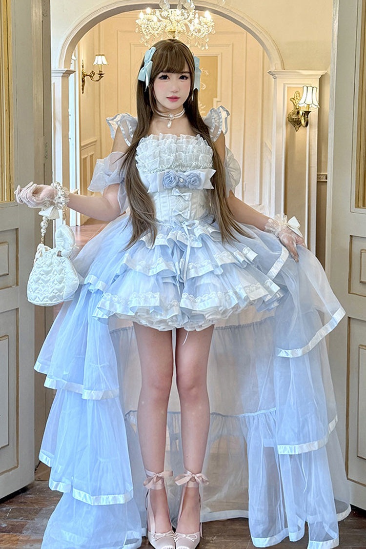 Off-Shoulder Sleeveless Triple-Ruffle Ballet Dress Set with Bow
