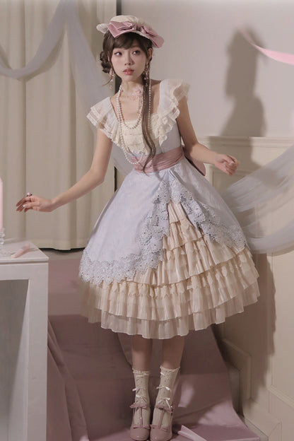 Cream Layered Asymmetrical Cardigan Ribbon Lolita JSK Dress