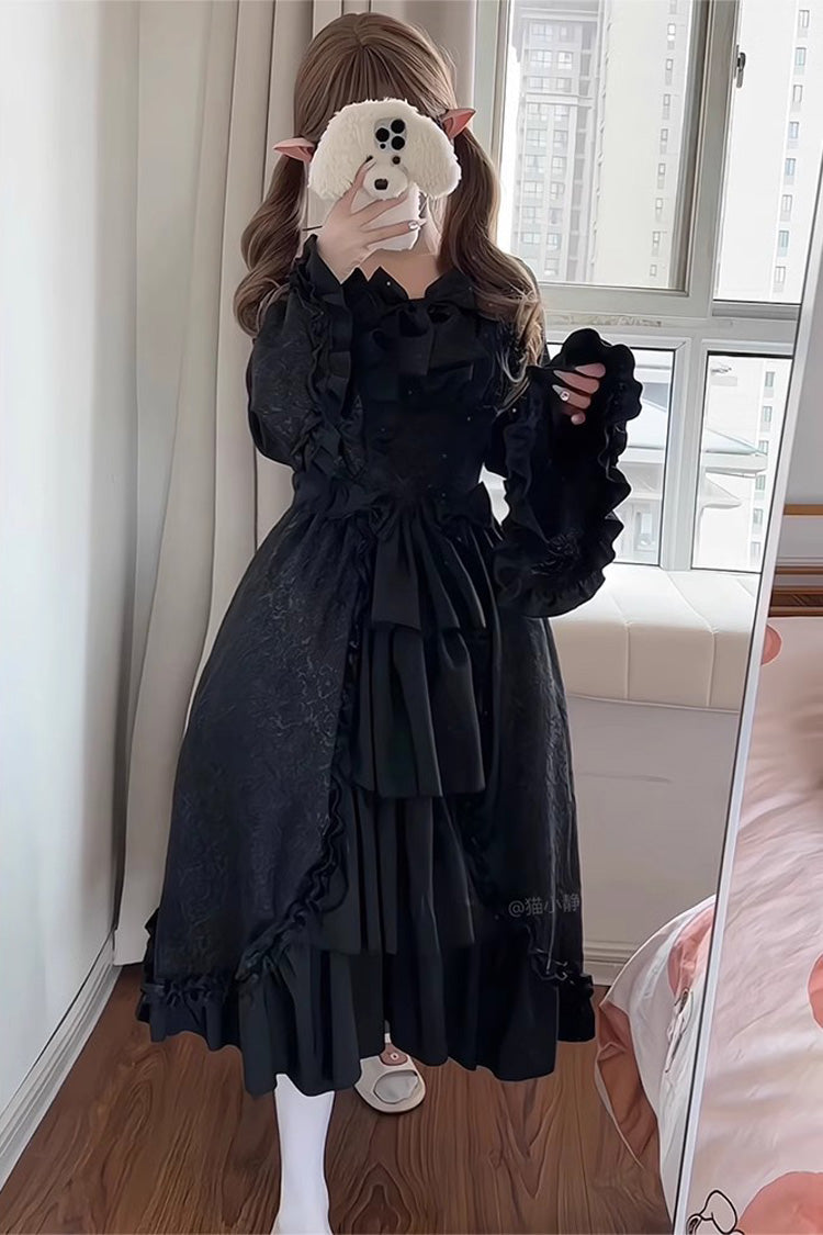 Ebony Long Hime Sleeves Layered Ruffle Cardigan Bow Gothic Plus Size Dress