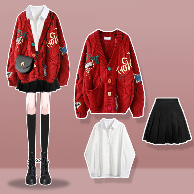 Sweater Skirt Cardigan Shirt Embroidery Pleated Set Colorful