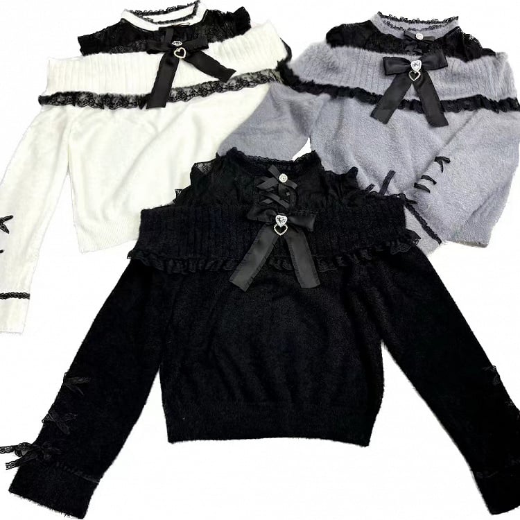 Jirai Kei Grey and Black Illusion Cutout Shoulder Landmine Sweater