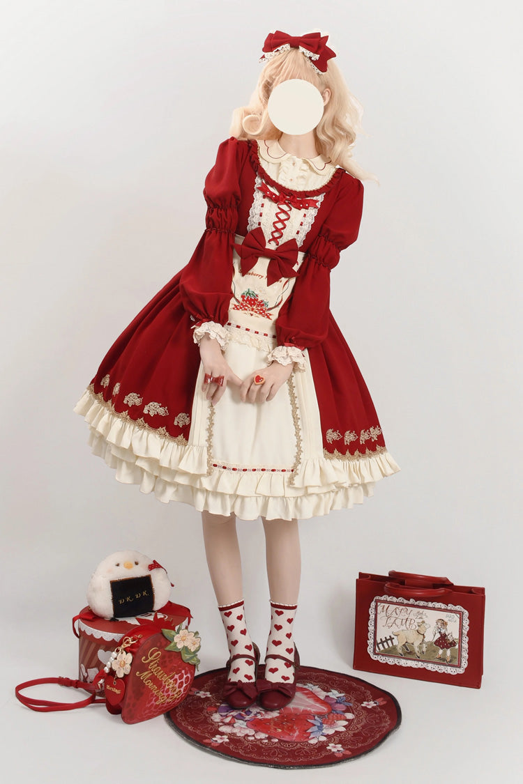 Crimson Tochigi Girl Two-Tier Ruffle Embroidered Cardigan Sweet Lolita Set