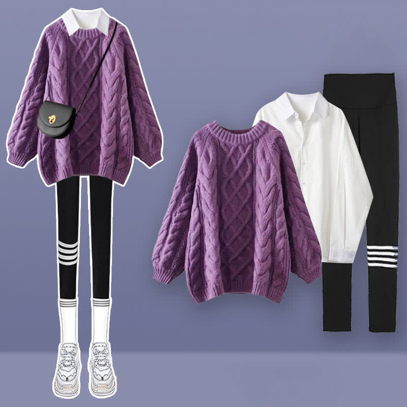 Purple Cable Round Collar Sweater Lapel Shirt Pants Set