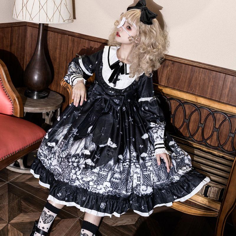 Y2K Gothic Print Bow Ruffle Doll Collar Lolita Dress