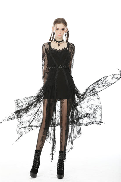 Maxi Cloak with Floral Lace and Belted Waist - Dark