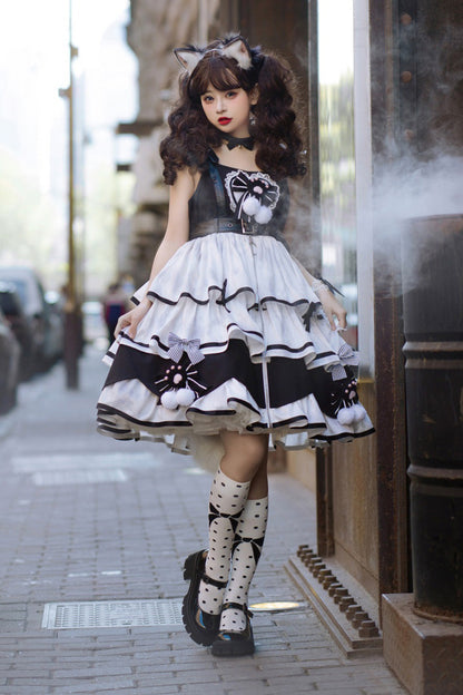 Black/White Sweet Lolita Triple-Layered Ruffle Bowknot JSK Dress