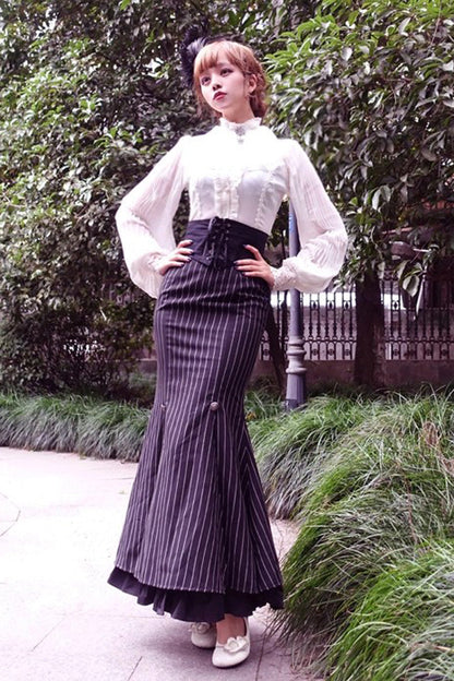 Lorelei Double-Layered Striped Print Ruffle Gothic Elegant Lolita Mermaid Maxi Skirt