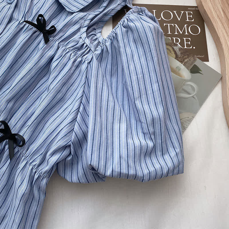 Hollow Puff Hem Shorts Lace T-Shirt Out Sleeve Stripe Bowknot