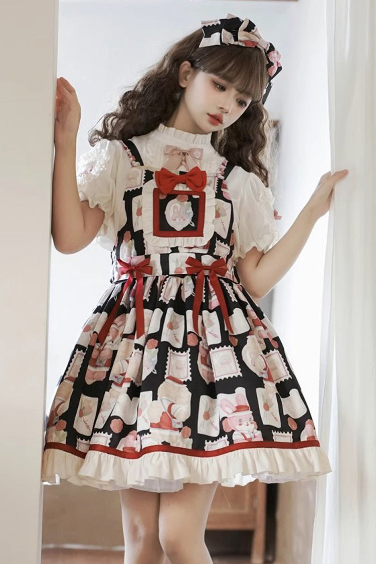 Letter from Showa Rabbit and Letter Print Ruffle Bowknot Sweet Princess Lolita Strap Dress