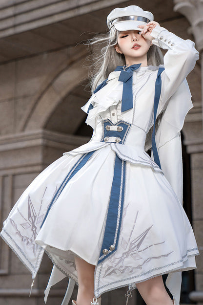 White Blue Star Knight Print Punk Military Princess Handsome Ouji Skirt