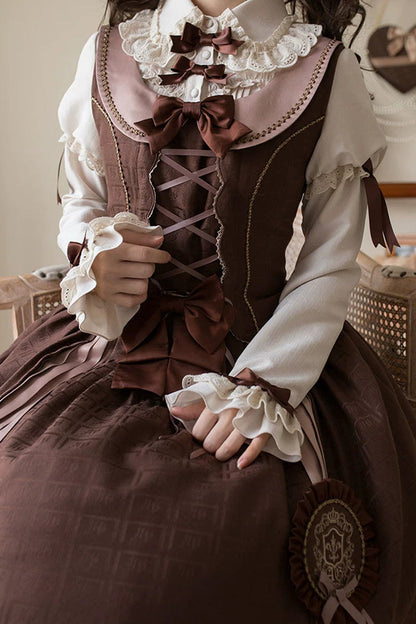 Brown Teddy Chocolate Bar Print Embroidered Bow Lace-Up Classic Lolita JSK Skirt