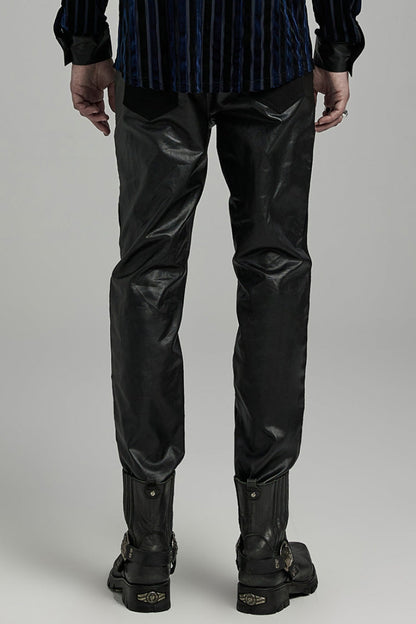 Punk Men's Trousers with Faux Leather Stitching and Zipper
