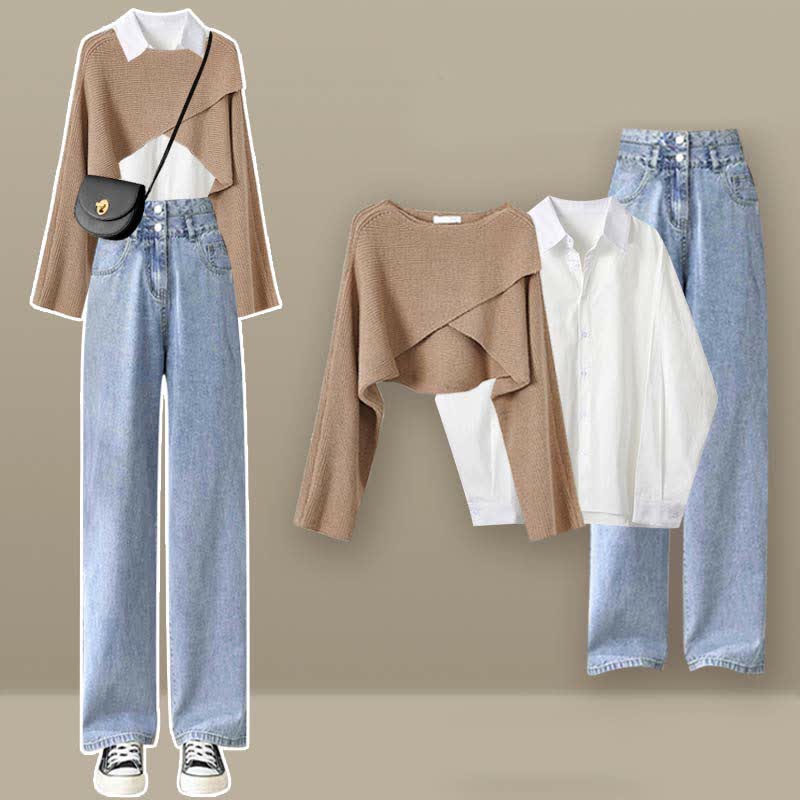 Ensemble pull en tricot croisé chic, chemise à revers, pantalon en denim