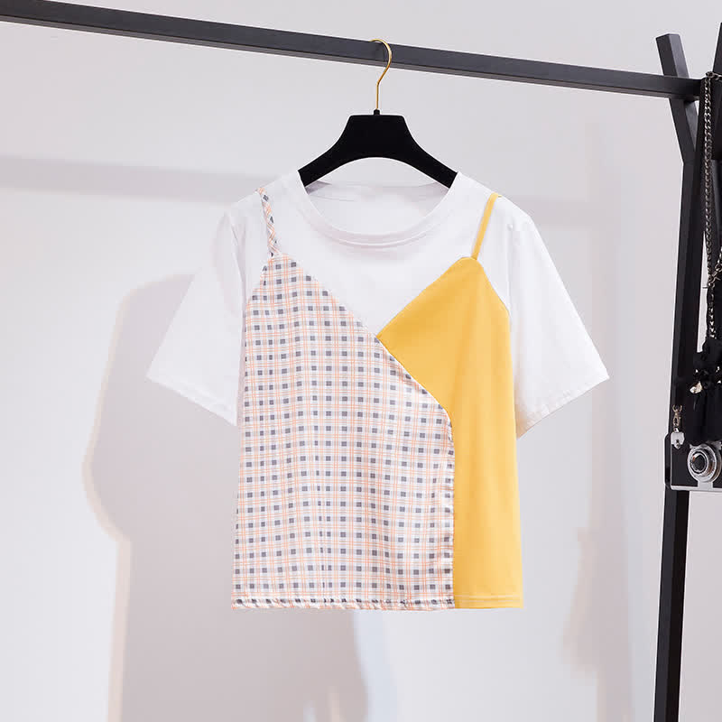 Denim Chic Round T-Shirt Collar Colorblock Pocketed Shorts