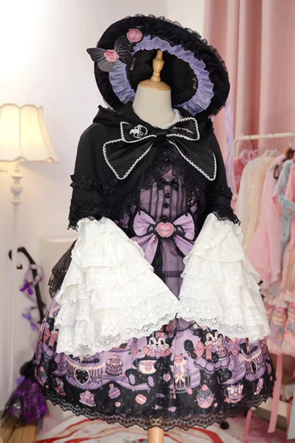 Purple Printed Gothic Lolita JSK Dress with Bowknot Lace and Ruffle
