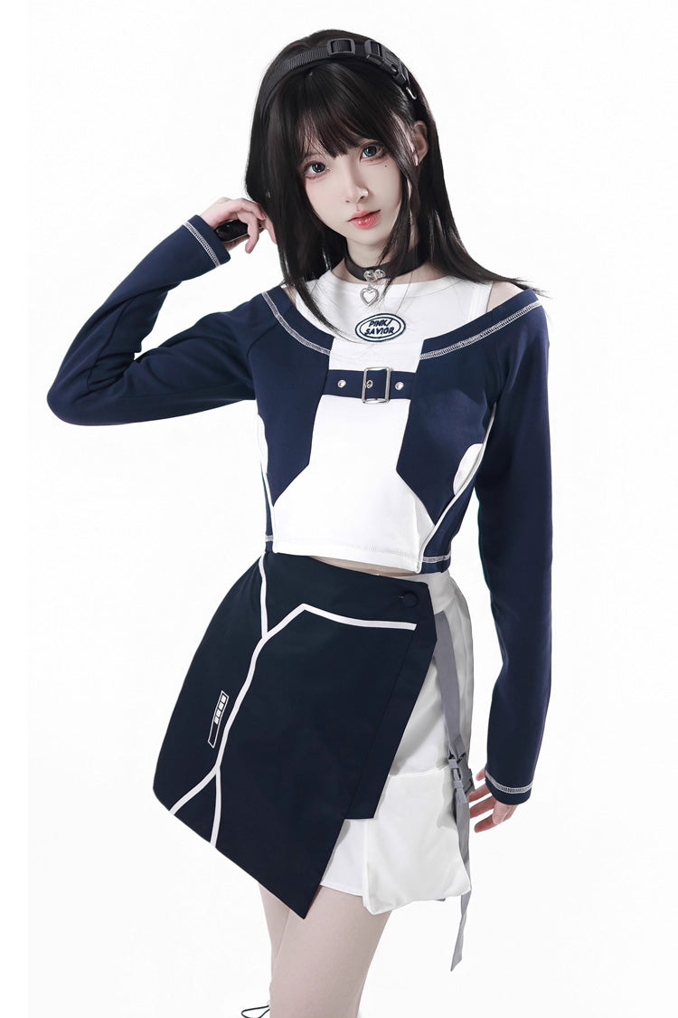 Blue White Techwear Embroidered Asymmetric Coat & Skirt Set