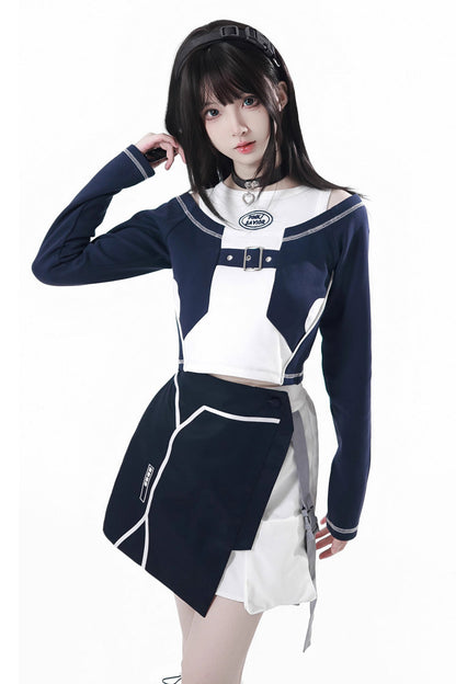 Blue White Techwear Embroidered Asymmetric Coat & Skirt Set
