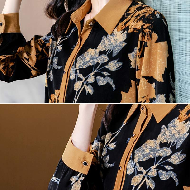 Vintage Lapel Leaves Print Shirt