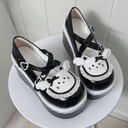 Cat-Design Ruffled Cross-Strap Round-Toe Daily Lolita Platforms in Four Colors