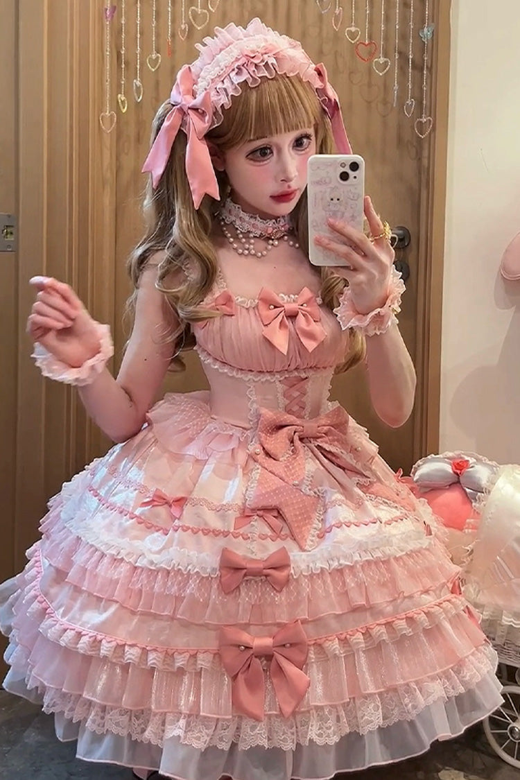 Pink Multi-Tier Ruffle Bow Lace Sweet Gorgeous Lolita Jumper - Little Lovetine